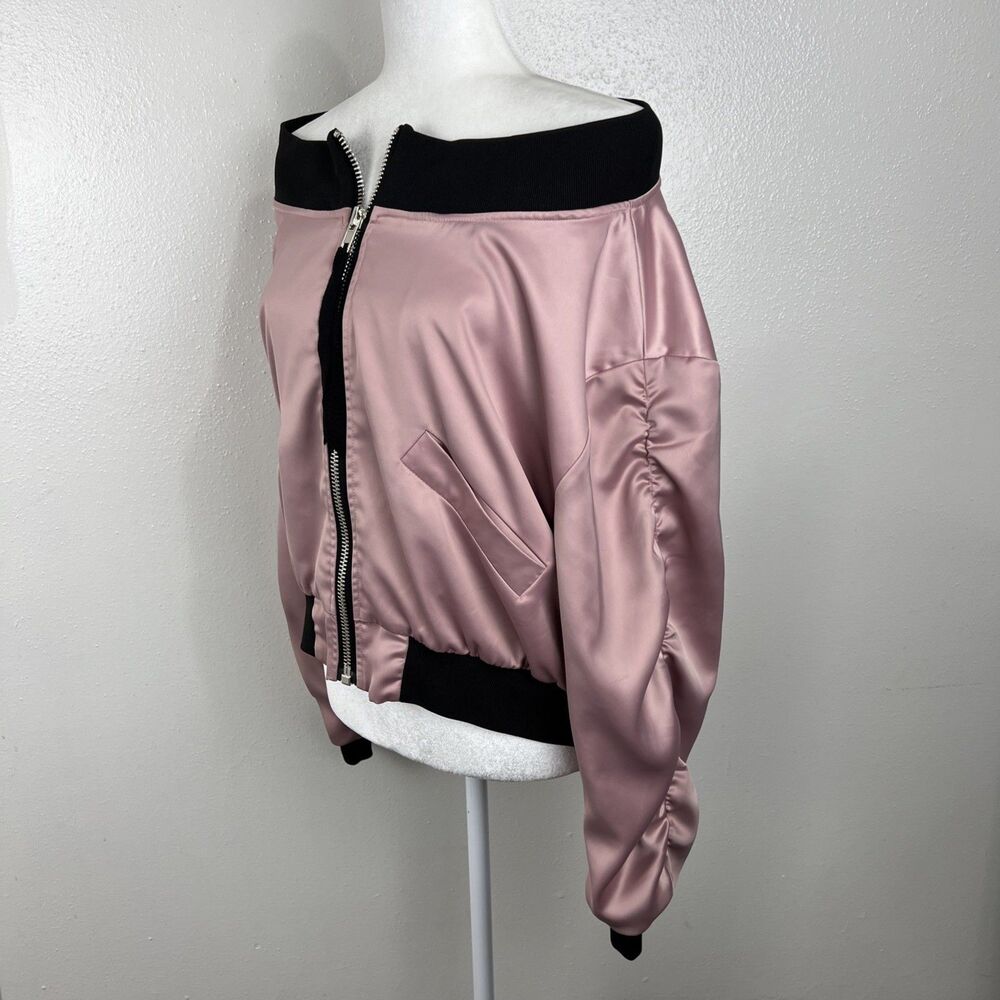 Alpha & Omega Interstellar Bomber Jacket Women Small Pink Satin Off Shoulder - Picture 5 of 16